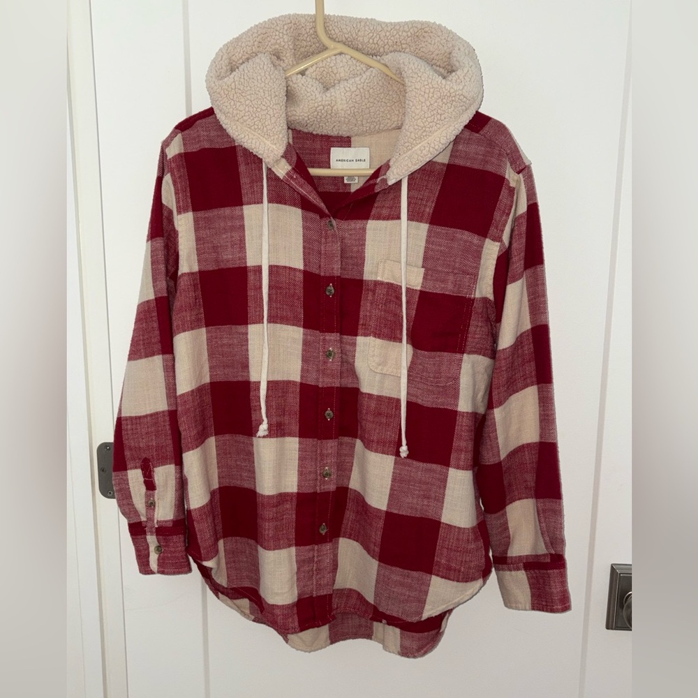 American Eagle check flannel sherpa lined hoodie shirt sz S EUC